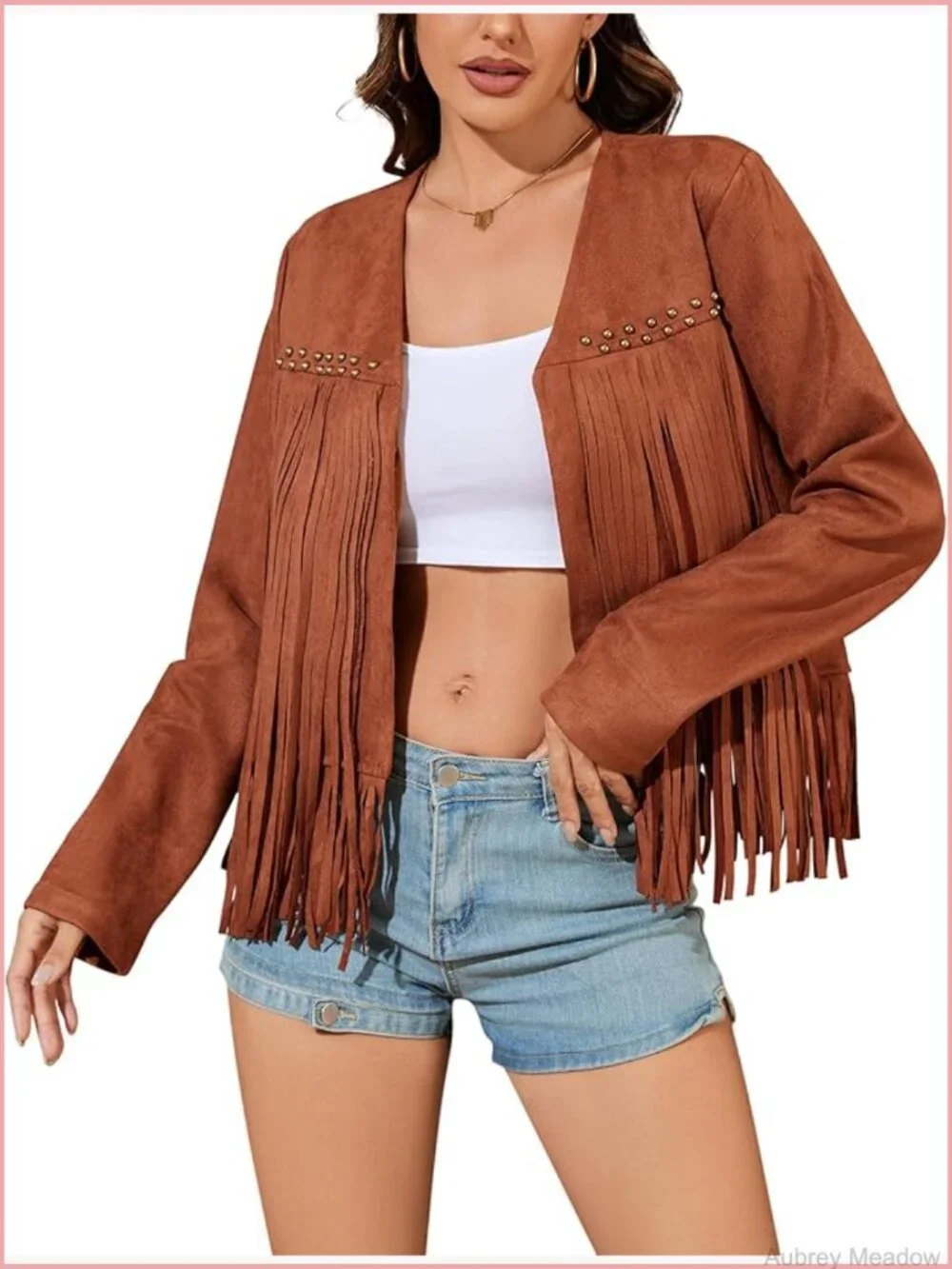 Oversized Fringe Cropped Faux Suede Western Cowgirl Motorcycle Coat with Pockets - Picture 1 of 7
